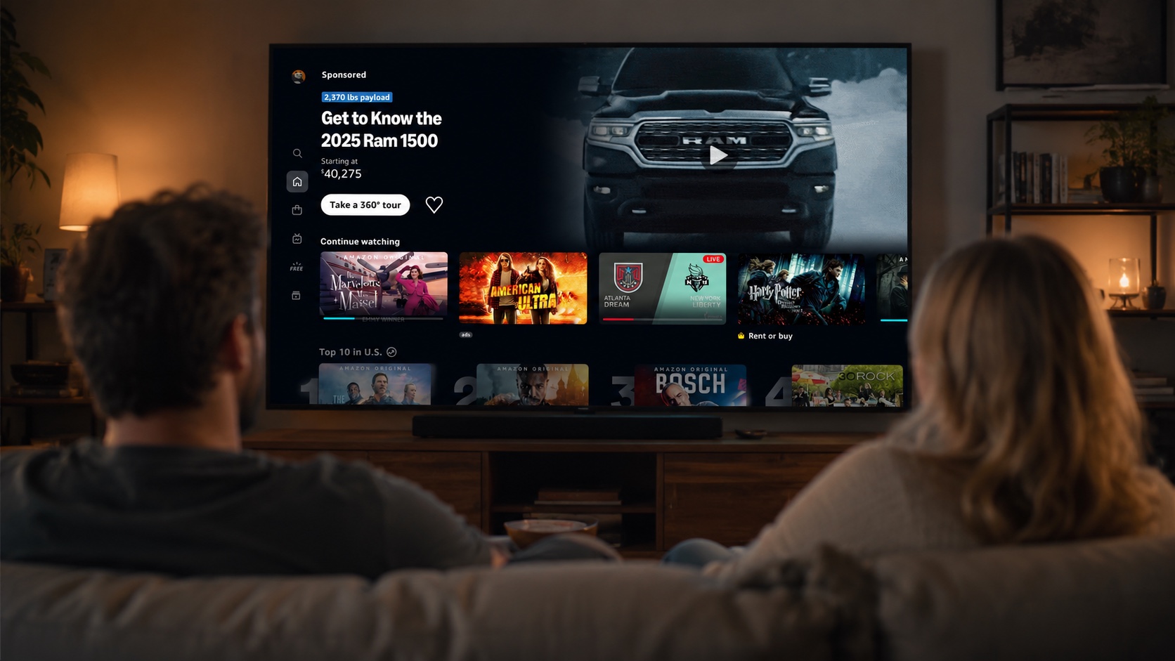 Amazon Autos advertising concept displayed on a living room television