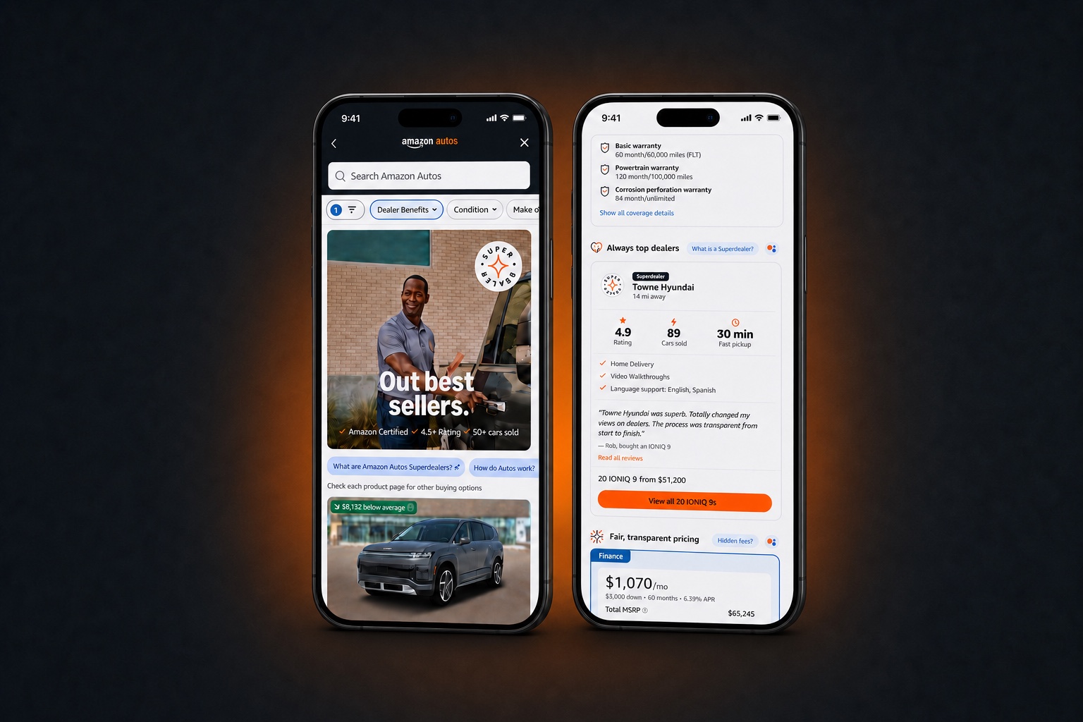 Amazon Autos dealer visibility concepts displayed on two phones