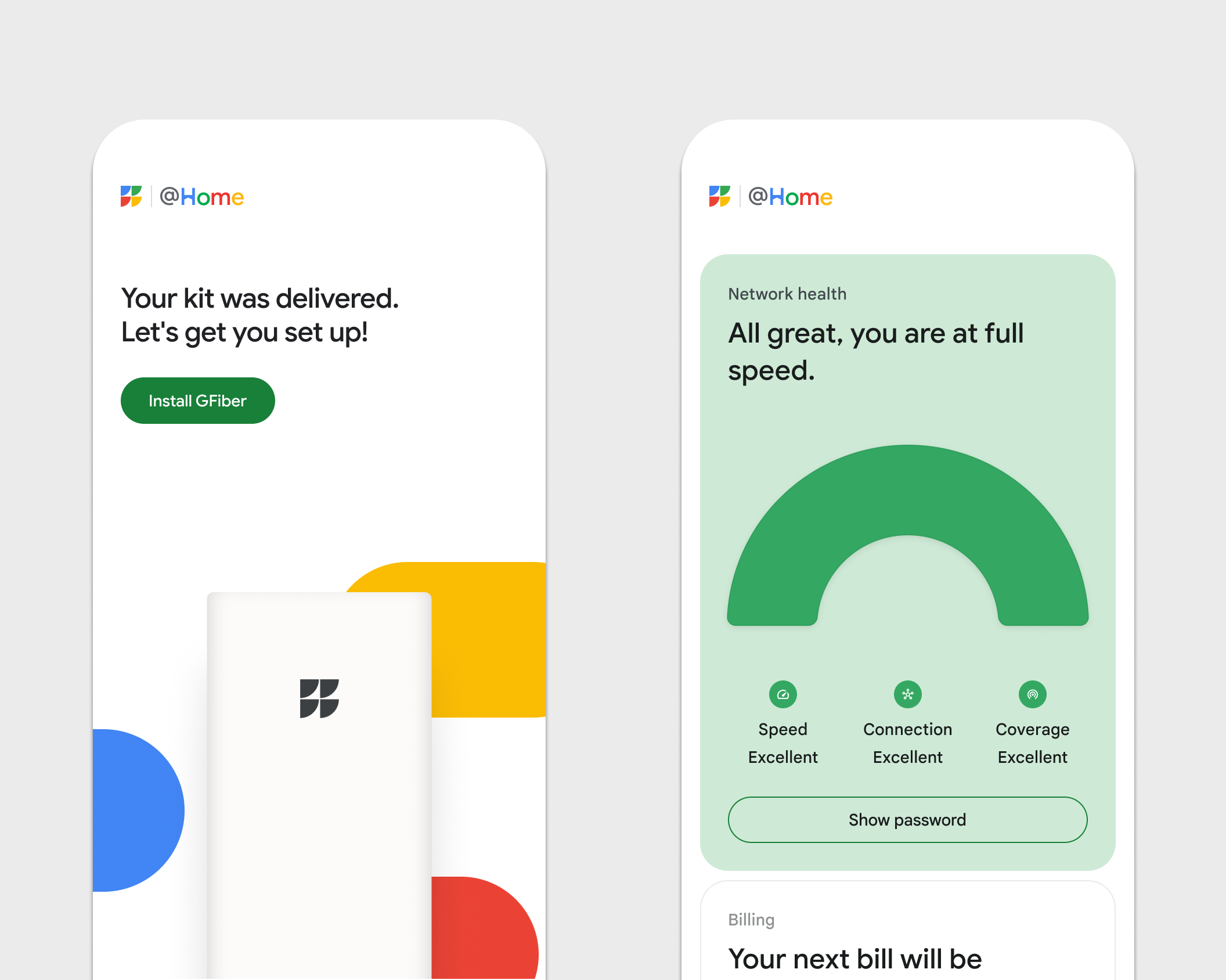 Google Fiber installation and network health app screens