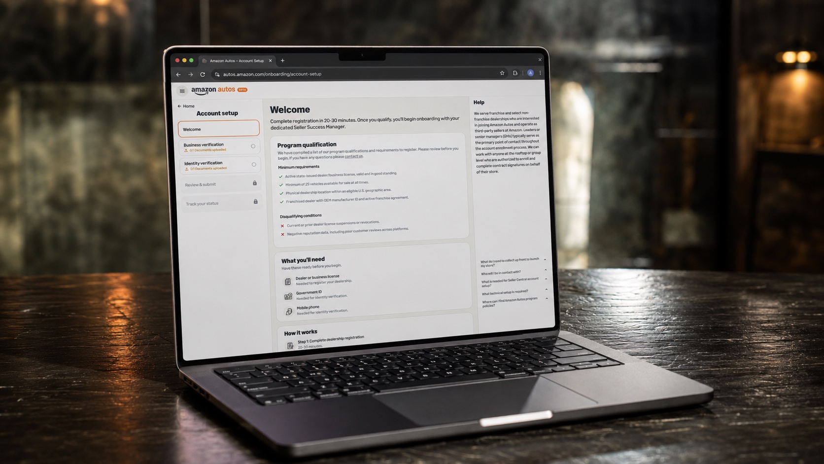 Amazon Autos dealer onboarding experience displayed on a laptop